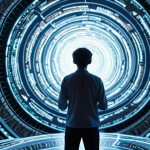 A person stands amidst a swirling vortex of blurred, fragmented digital information and flickering screens, symbolizing information overload. Their gaze is intently focused on a single, clearly illuminated, intricately glowing object in their hands or foreground, representing a profound core skill. This object could be a complex, stylized brain, a deeply rooted tree of knowledge, or a perfectly crafted mechanism, radiating clear, focused light. The background is a chaotic, diffused blur of data, emphasizing clarity, focus, and depth in an uncertain, noisy digital age. Sci-fi, conceptual art, volumetric lighting, deep focus, digital painting, --ar 16:9